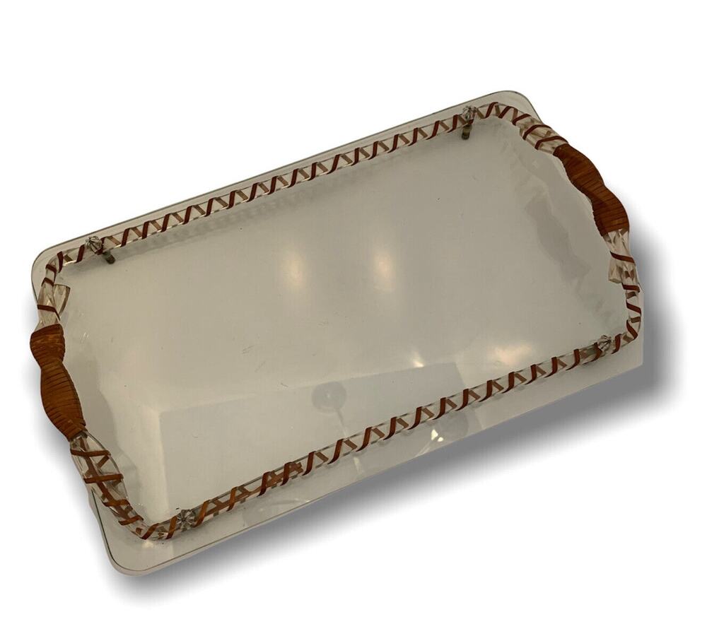 Vintage 15 x 9" Midcentury Glass and Acrylic Footed Serving Tray Wicker Detail